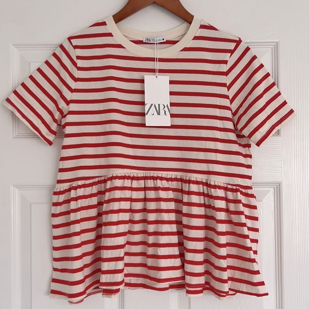 Zara Red and White Striped Short Sleeve Peplum Tee